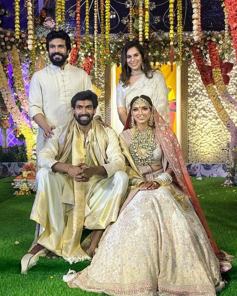 Miheeka Bajaj, Lehenga Bride, Peach Dupatta, Ivory Lehenga, Rana Daggubati, Groom Dress Men, Ram Charan, Marriage Photos, Indian Wedding Planning