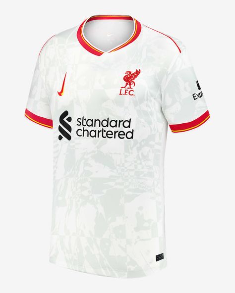 This Liverpool Stadium jersey combines sweat-wicking fabric with ventilated mesh paneling to help provide a dry, lightweight feel and breathable fit. It features replica details from the on-field kit for team-inspired gear. Shown: White Style: NN201998652-LFC Liverpool Jersey 2024/2025, Liverpool Stadium, Liverpool Jersey, Mohamed Salah Liverpool, Short Sleeve Collared Shirt, Salah Liverpool, Virgil Van Dijk, Jersey Soccer, Van Dijk