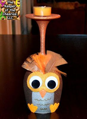 OWL WINE GLASS CANDLE HOLDER - The Keeper of the Cheerios Owl Candle Holder, Holiday Desserts Christmas, Wine Glass Candle Holder, Owl Candle, Wine Glass Candle, Decorated Wine Glasses, Pumpkin Bars, Wine Craft, Wine Glass Crafts