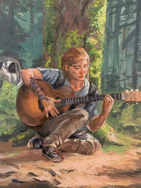 Dipinto a tempera di una ragazza con capelli rossi lisci, seduta di fronte a un pino, in una foresta, che suona una chitarra Tlou Painting, The Last Of Us Painting, Last Of Us Painting, Ellie Art, Ellie Tlou, Guitar Drawing, Painting Stuff, Billie Eillish, Dark Artwork