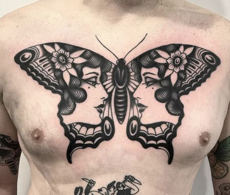 Traditional Back Tattoo, Traditional Chest Tattoo, Traditional Tattoo Woman, Traditional Butterfly Tattoo, Traditional Tattoo Drawings, Traditional Tattoo Inspiration, Chest Piece Tattoos, Butterfly Tattoos, Stomach Tattoos