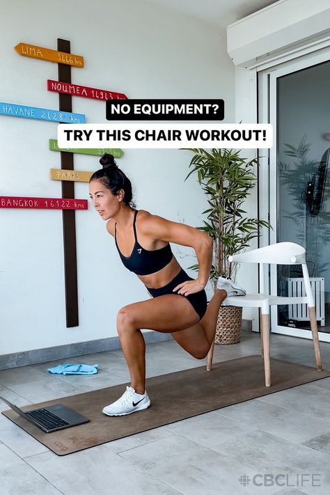 A woman working out in her living room with her right foot behind her on a chair to do lunges. Text on the screen says "no equipment? try this chair workout!" Chair Workout, Chair Exercises, Fitness Coach, Level Up, Workout Routine, At Home Workouts, Circuit