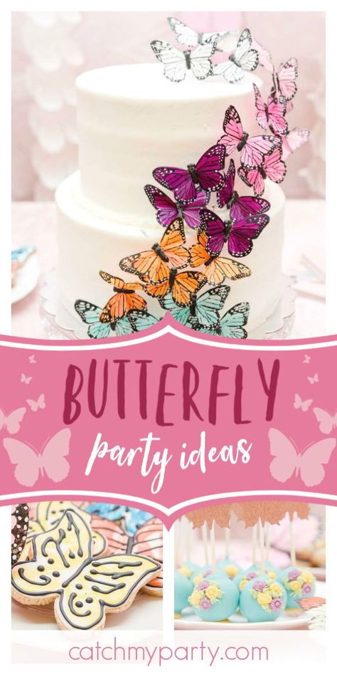 Swoon over this stunning butterfly birthday party! The cake is amazing!  See more party ideas and share yours at CatchMyParty.com #catchmyparty #partyideas #butterfly #butterflyparty #girlbirthdayparty Butterfly Party Games, Butterfly Party Food, Butterfly Themed Quinceanera, Butterfly Party Ideas, Planing Ideas, Butterfly Garden Party, Boho Butterfly, Butterfly Birthday Party, Pretty Butterfly