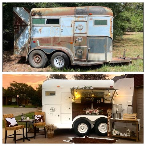 Alcohol Food Truck Ideas, Mobile Horse Trailer Coffee Bar, Horse Trailer Into Bar, Mobile Business Trailer, Horse Trailer Drink Bar, Horse Trailer Food Cart, Horse Trailer Coffee Cart, Turning A Horse Trailer Into A Bar, Mobile Bar Renovation