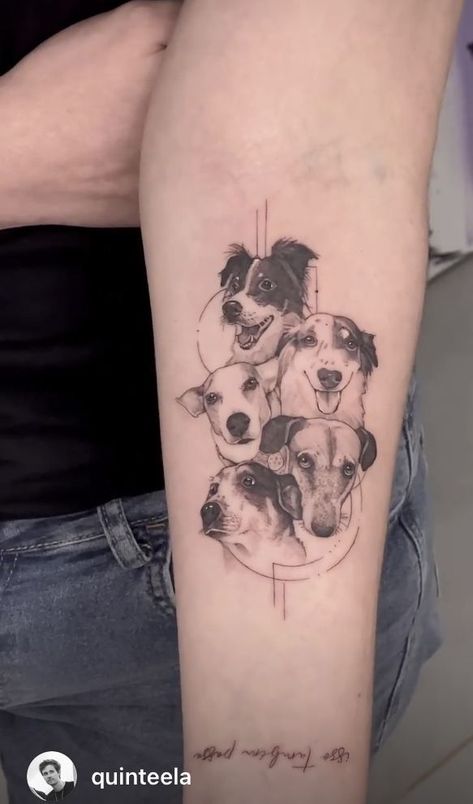 Dog Portraits Tattoo, Dog Thigh Tattoo, Dog Back Tattoo, 3 Dogs Tattoo, Pet Portrait Tattoo, Tatoo Dog, Pet Memorial Tattoo, Dog Portrait Tattoo, Lower Arm Tattoos