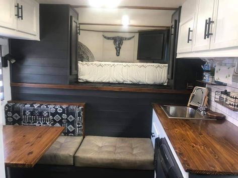 Overhead Camper Remodel, Refurbished Horse Trailer, Redone Living Quarters Horse Trailer, Western Horse Trailer Decor, Lq Horse Trailer Remodel, Western Camper Remodel Rustic, Horse Truck Interior, Remodeled Horse Trailer Interiors, Small Living Quarters Horse Trailer