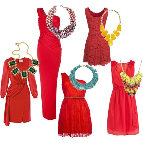 Accessorizing a Red Dress Red Dress Silver Jewerly, Red Dress Gold Accessories Jewelry, Red Hypoallergenic Party Jewelry, Chic Red Necklace For Party, Red Necklaces With Matching Earrings For Celebration, Red Dress Accessories, Red Dress Casual, Red Dress Style, Red Dresses Classy