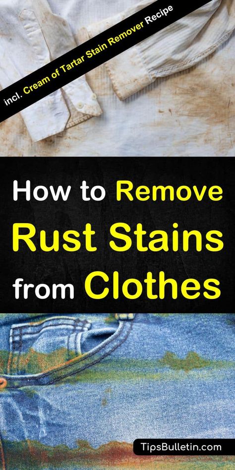 Find out how to remove rust stains from clothes with simple home remedies that use everyday products. Discover how you can use hydrogen peroxide, baking soda, lemon juice and white vinegar to remove rust from your shirts and other fabric. #ruststains #removeruststains #getrustout #laundry #clothing Remove Rust Stains, Homemade Toilet Cleaner, Clean Baking Pans, Remove Rust, Cleaning Painted Walls, Glass Cooktop, Deep Cleaning Tips, How To Remove Rust, Clean Dishwasher