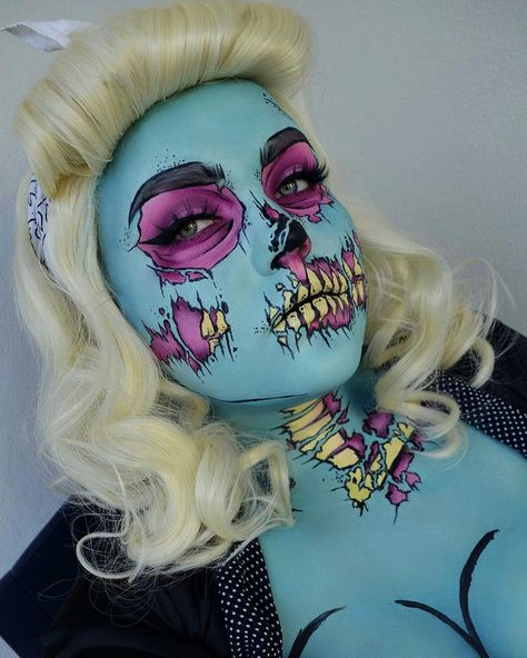 Pop Art Zombie Makeup, Pop Art Zombie, Makeup Zombie, Holloween Makeup, Pop Art Makeup, Amazing Halloween Makeup, Face Art Makeup, Halloween Makeup Inspiration, Theatrical Makeup