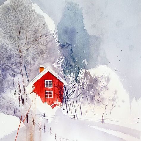 Aquarelle Painting, Watercolor Art Landscape, Winter Watercolor, Diy Watercolor Painting, Watercolour Inspiration, Watercolor Paintings Easy, Watercolor Christmas Cards, Winter Painting, Watercolor Landscape Paintings