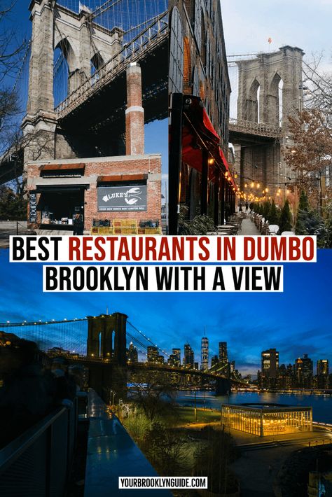 Best DUMBO Restaurants with a View - Your Brooklyn Guide Dumbo Brooklyn Restaurants, Time Out Market Brooklyn, New York Restaurants With A View, Nyc Restaurants With A View, Nyc Romantic, Brooklyn Restaurants, New York Trip Planning, Best Restaurants In Nyc, Brooklyn Guide