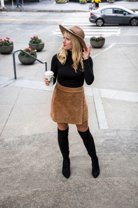 Faux wrap corduroy mini skirt - under $30! Im linking up my favorite black OTK boots and turtlenecks for fall as well. Mini Skirt Fall Outfit, Comfortable Fall Outfits, Skirt Outfit Fall, Fall Outfits For Teen Girls, Skirt Outfits Fall, Corduroy Mini Skirt, Otk Boots, Skirts With Boots, Trendy Skirts