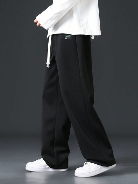 Men Letter Patched Detail Drawstring Waist Pants Black Casual   Fabric Letter,Plain Straight Leg Slight Stretch  Men Clothing, size features are:Bust: ,Length: ,Sleeve Length: Straight Leg Sweatpants, Muslimah Photography, Men's Fashion Casual, Drawstring Waist Pants, Fabric Letters, Men Pants, Cool Outfits For Men, Waist Pants, Men Clothing