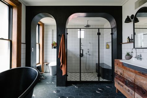 Small Paris Apartment, Brownstone Boys, School House Lighting, Window In Shower, Brooklyn Brownstone, Bed Stuy, Primary Bathroom, Floor Bathroom, Paris Apartments