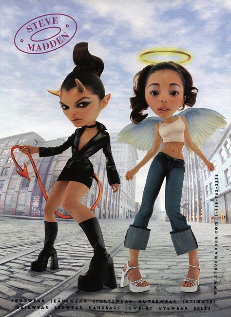 Do you guys remember these ads? 90s Steve Madden ads, decoupaged this on a notebook in 8th grade lol Early 2000s Fashion, Beauty Ad, Angel And Devil, Bratz Doll, Pics Art, 2000s Fashion, Photography Inspo, Vintage Ads, Funny Photos