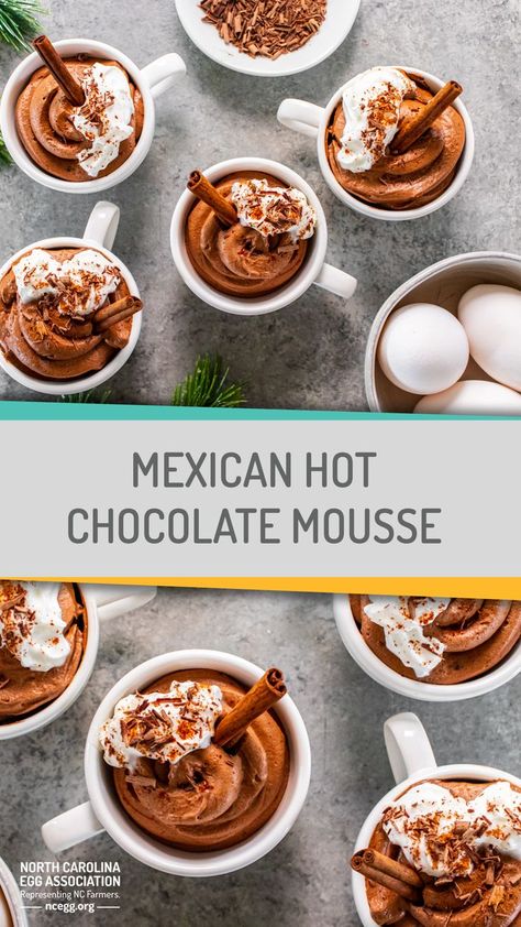 Bring an egg-citing twist to a holiday staple with this Mexican Hot Chocolate Mousse. The festive recipe features cinnamon, spice and everything nice... with a kick of cayenne for good measure! Hot Chocolate Mousse, Ways To Eat Eggs, Chocolate Mouse Recipe, Moose Recipes, Hot Chocolate Desserts, Mexican Hot Chocolate Recipe, Hot Chocolate Cupcakes, Easy Egg Recipes, Recipe For Breakfast