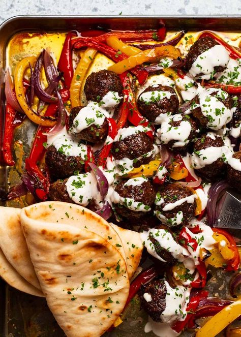 Tray bake dinner: Lamb kofta meatballs Tray Bake Dinner, Most Popular Dinner Recipes, Kofta Meatballs, Bake Dinner, Lamb Kofta, Popular Dinner Recipes, Easy Sheet Pan Dinners, Tray Bake, Recipetin Eats