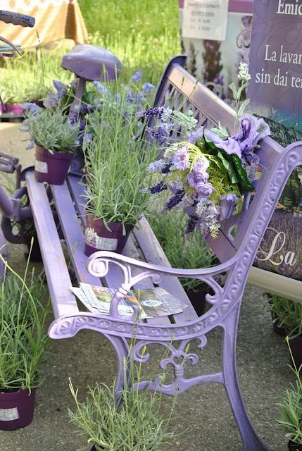 Lavender the plant and lavender the colour on a metal garden bench, wonderfully pretty look with a gorgeous aroma to match . . . Fantasy Cottage, Diy Bench Outdoor, Lavender Cottage, Deco Champetre, Terrace Garden, Garden Bench, Garden Cottage, Dream Garden, Garden And Yard