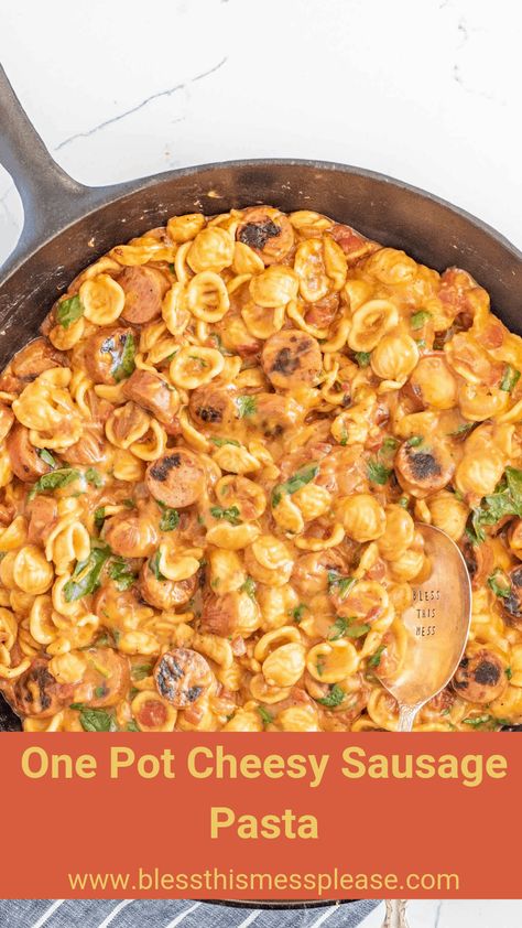 One pot cheesy sausage pasta is a decadent and rich one-pot meal, full of melty cheese and bites of summer sausage, and perfect for an easy meal at home when you don't want a lot of cleanup! #onepotmeals #onepotrecipes #onepotpasta #pasta #cheesysausagepasta #sausagepasta One Pot Sausage Meals, Apocalypse Meals, Cheesy Sausage Pasta, Summer Sausage Recipes, Smoked Sausage Pasta, Future Chef, Dinner Pasta, Summer Sausage, Soft Bread