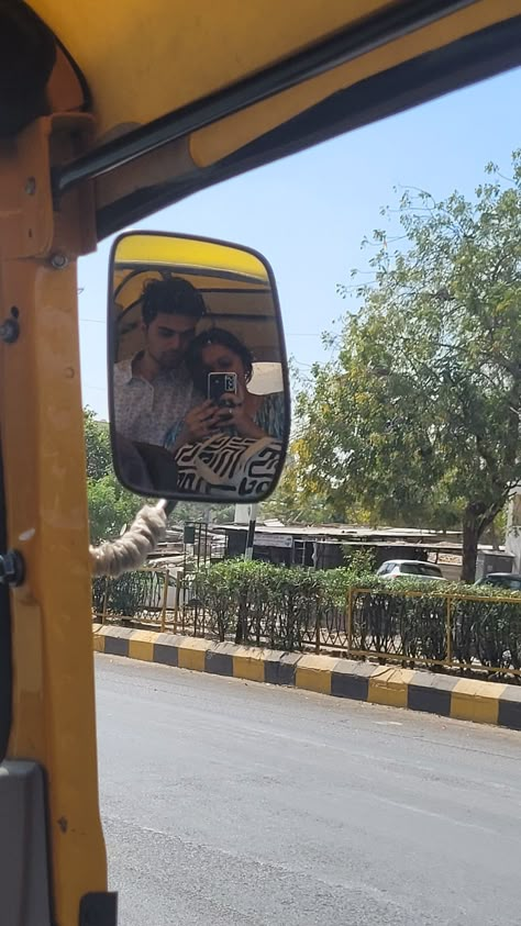 Rickshaw Auto mirror selfies Auto Rickshaw Aesthetic, Rickshaw Aesthetic, Indian Auto Rickshaw, Couple Dresses, Auto Rickshaw, People Kissing, Ig Pics, Aesthetic Captions, Dresses Traditional