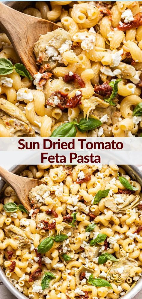 Basil Sundried Tomato Pasta, Feta Sundried Tomato Pasta, Sun Dried Tomato Rice Recipes, Sun Dried Tomato Feta Pasta, Pasta With Artichokes Sun Dried Tomatoes, Recipe With Sun Dried Tomatoes, Sun Dried Tomato Recipes, Tomato Feta Pasta, Runner Recipes