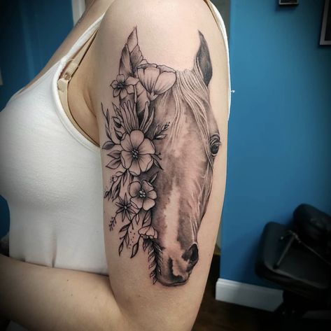 Horse And Moon Tattoo, Horse Half Sleeve Tattoo, Horse Tattoo Sleeve For Women, Horse Tattoo Ideas For Women Arm, Horse Sleeve Tattoo, Horse Hip Tattoo, Horse Tattoo With Flowers, Horse Tattoos For Women, Equestrian Tattoo Ideas