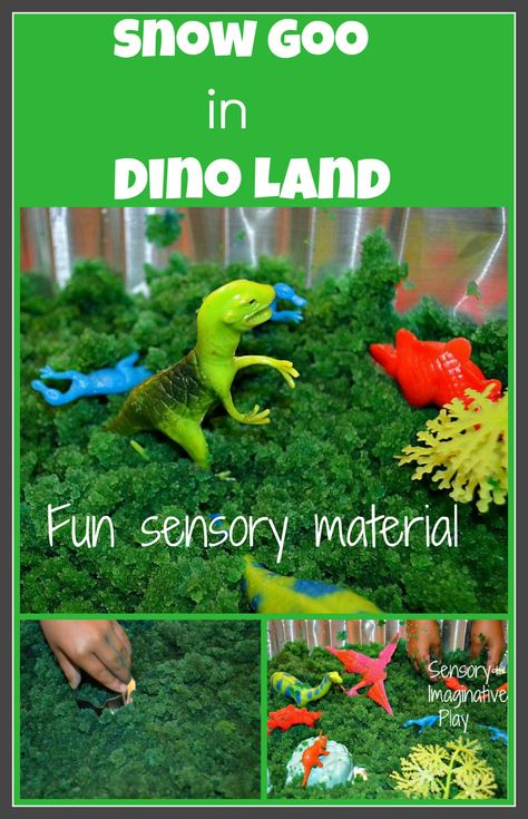 Sensory play to small world play. Make green goo with snow and turn it in to a dinosaur world. Dinosaur Loose Parts Play, Dino Dig Sensory Bin, Table Toys For Preschool, Dinosaur Sensory Table, Dinosaur Toddler Activities, Science Sensory Bin, Dino Sensory Bin, Dinosaur Activities For Toddlers, Dinosaur Sensory Bin