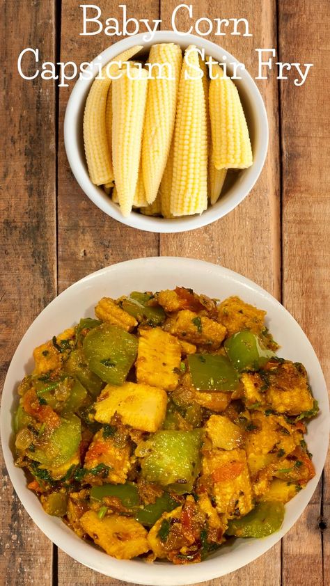 Baby Corn Capsicum Stir Fry Recipe is a delicious sabzi made with other spices and the flavors of capsicum, the crunchiness of the baby corn provide a great combination making this dish delectable to the plate. Serve it along with roti. Indian Veg Recipes, Baby Corn, Stir Fry Recipe, Stir Fry Recipes, Veg Recipes, Stir Fry, Corn