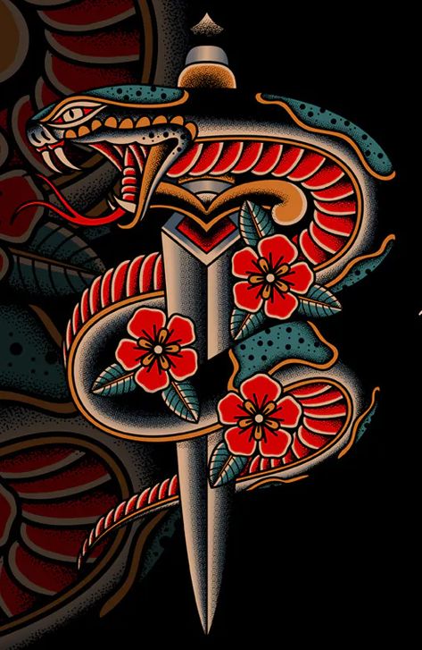 Classic Snake Tattoo, Traditional Japanese Snake Tattoo Design, Wolf Snake Tattoo, Diamond Back Snake Tattoo, Japanese Cobra Tattoo, New School Snake Tattoo, Gucci Snake Tattoo, Traditional Tattoos Snake, Long Arm Tattoo