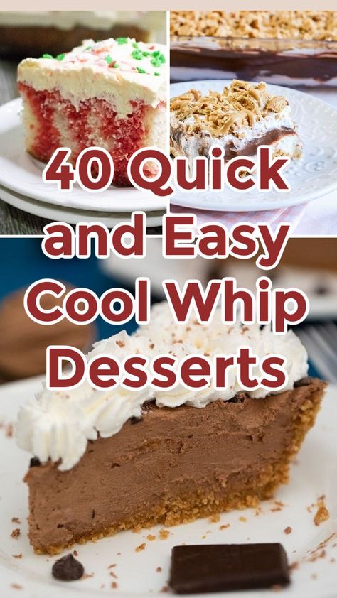 Cream Desserts Easy, Cool Whip Recipes, Quick Puddings, Whip Recipes, Cool Whip Pies, Recipes With Cool Whip, Whipped Cream Desserts, Cool Whip Desserts, Jello Dessert Recipes