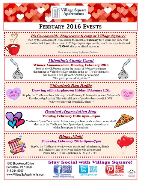 February Apartment Resident Events, Resident Valentines Day Ideas, Resident Of The Month Ideas, Resident Newsletter Ideas, Resident Engagement Ideas, Apartment Activities For Residents, February Events For Residents, Valentines Resident Events, January Events For Residents