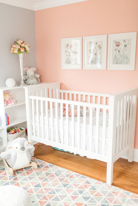 Peach And Grey Nursery, Grey And Coral Nursery, Salmon Pink And Gray Bedroom, Coral Playroom, Coral Nursery Ideas Girl, Peach Baby Room, Peach Nursery Girl, Baby Girl Nursery Color Schemes, Peach Nursery Ideas