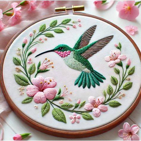 Embrace the charm of spring with this delightful hummingbird hand embroidery pattern!  Ideal for bird lovers and embroidery fans alike, this pattern showcases a beautiful hummingbird in flight,   capturing the lively spirit of the season.  Bring a touch of springtime joy to your home with this enchanting embroidery project.  Happy stitching! As a reminder, no physical item will be shipped to you. Reference Image: Designed with an AI generator using my creative input and hand embroidery expertise Garden Embroidery Patterns, Spring Embroidery Designs, What To Do With Embroidery Projects, Embroidery Designs Birds, Hummingbird Embroidery Pattern Free, Hummingbird Applique Pattern, Hummingbird Tattoo Embroidery, Humming Bird Embroidery Pattern, Bird And Flower Embroidery