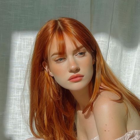 Ginger Hair On Cool Skin, Ginger Wearing Red, Ginger Hair Types, 70s Ginger Hair, Ginger Hair Reference, Red Head Dyed Hair, Makeup Ideas For Ginger Hair, Amber Orange Hair, Makeup For Pale Skin Redheads