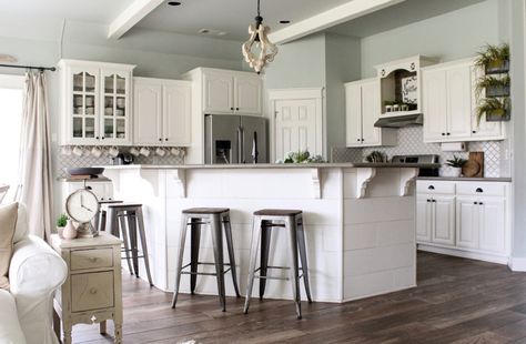 How To Pick Foolproof Farmhouse Paint Colors! - Cotton Stem. (SW Sea Salt on the walls and ceiling |  SW Alabaster on cabinets, trim, beams, island) Sea Salt Kitchen, Wood Look Tile Floor, Farmhouse Kitchen Colors, Kitchen Color Palettes, Farmhouse Hacks, Farmhouse Paint Colors, Farmhouse Paint, Kitchen Wall Colors, Farm House Colors