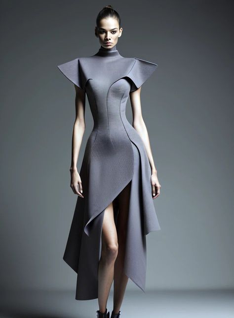 Avant Garde Business Fashion, Classy Futuristic Fashion, Modest Futuristic Fashion, Futuristic Fashion Women Dresses, Future Dress Fashion, Cotoure Dress Haute Couture, Contemporary Fashion Design, Futuristic Look Fashion, Sleek Futuristic Fashion