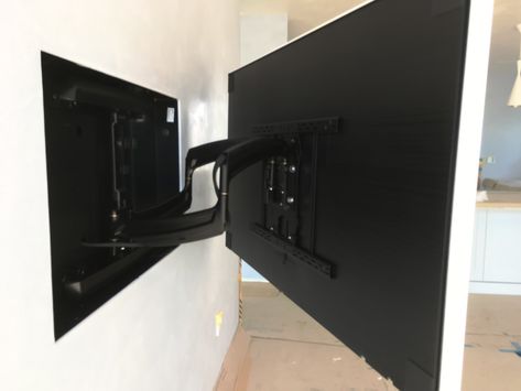 Samsung Frame Tv Mount, Tv On Arm Bracket Living Room, Frame Tv On Swivel Mount, The Frame Samsung Ideas, Tv Arm, Samsung The Frame, Hidden Tv, Living Space Decor, Tv Bracket