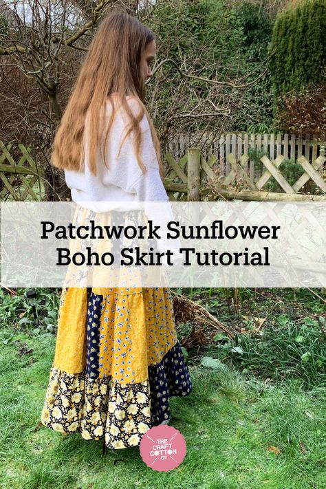 Do you want to start sewing your Summer Wardrobe ? Try out this gorgeous Boho Patchwork Skirt. Boho Maxi Skirt Pattern, Boho Patchwork Skirt, Diy Boho Skirt Tutorials, Diy Patchwork Skirt Pattern, Sew Boho Skirt, Patchwork Skirt Diy Sewing Tutorials, Boho Clothing Sewing Patterns, Hippie Skirt Sewing Pattern, Scrap Skirt Diy