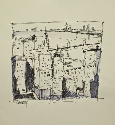 a pen drawing of a city with skyscrapers and buildings Flowers Mandala, 심플한 그림, Ink Drawings, Landscape Drawings, Sketchbook Inspiration, Urban Sketching, Architecture Sketch, Pen Drawing, A Drawing