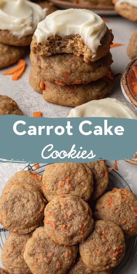 Carrot Cake Cookies Recipe, Cookies With Cream Cheese, Soft Cake, Carrot Spice Cake, Carrot Cookies, Carrot Cake Cookies, Potluck Desserts, Carrot Cake Oatmeal, Cookie Cake Recipe