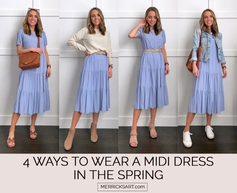 4 Ways to Wear a Midi Dress in Spring - Merrick's Art Midi Dress With Shirt Over, Spring 2023 Looks, Shoes To Wear With Midi Dress, Midi Dress Sneakers Outfit, One Dress Multiple Outfits, Dresses With Flats, Layered Dress Outfit, Midi Skirt Styling, Layering A Dress