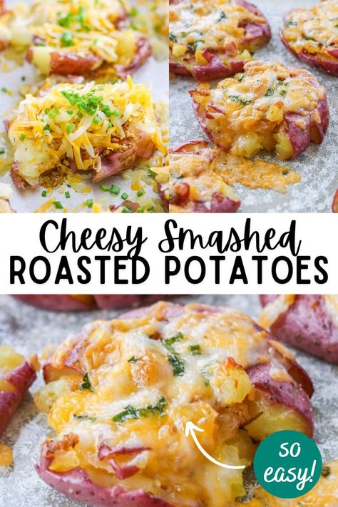 These Smashed Potatoes are small red potatoes boiled until slightly soft, smashed, and basted with a seasoned garlic butter. Then before being roasted for the second time in the oven, they’re topped generously with cheese and chives. It’s a delicious and super easy potato side dish for any night of the week and one you’ll add to your regular menu rotation. Side Dish Red Potatoes, Red Potato Healthy Recipe, Red Cheesy Potatoes, Red Potato Smashed Potatoes, Smash Red Potatoes, Best Smashed Red Potatoes, Smashed Red Potatoes Recipe, Dishes With Red Potatoes, New Red Potatoes Recipes