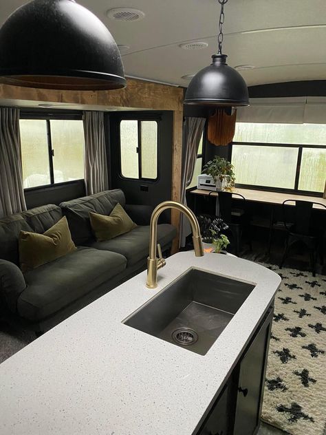 Dark And Moody Rv, Dark Interior Camper, Western Camper Remodel Rustic, Black Rv Interior, Moody Camper Interior, Dark Camper Interior, Moody Rv Interior, Gothic Rv, Cottage Camper