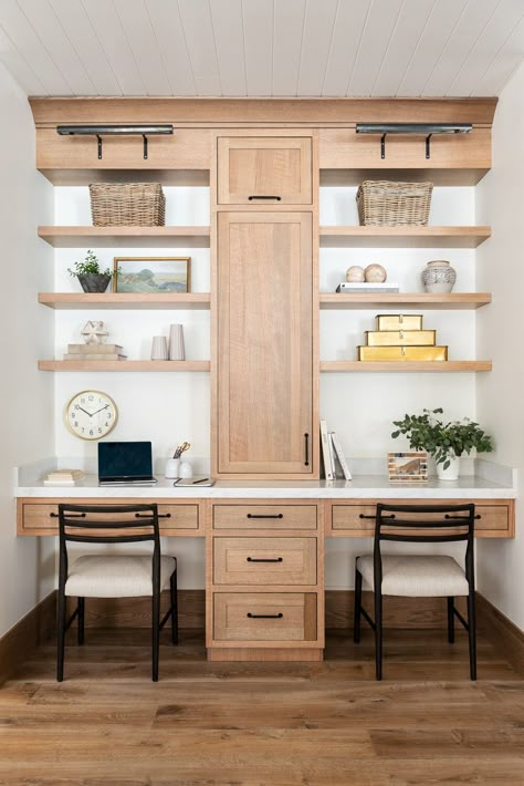 double desks Built In Office Desk With Floating Shelves, Nook Office Space, All Wood Office, Shared Home Office Space, Shared Office Space Ideas Home, Office Nook Ideas, Shared Office Space Ideas, Kitchen Office Space, Two Desks