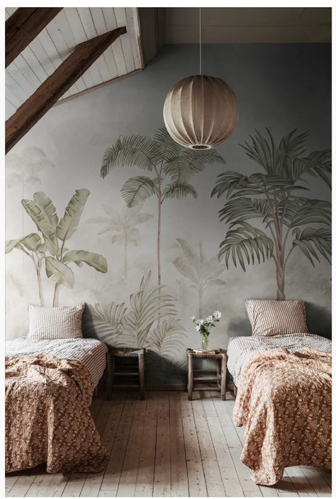 Palm Tree Wallpaper, Tree Wallpaper Mural, Living Room Aesthetics, Luxurious Living Room, Palm Trees Wallpaper, Bed Interior, Wallpaper Ceiling, Yellow Room, Custom Wall Murals