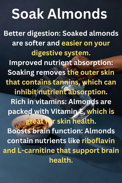 Discover the amazing benefits of soaked almonds! Soaking almonds enhances nutrient absorption, boosts digestion, and promotes heart health. Rich in vitamins, minerals, and healthy fats, soaked almonds can help improve skin health and provide long-lasting energy. Learn how to soak almonds easily at home to enjoy their full benefits. Perfect as a healthy snack or addition to your meals, soaked almonds are a nutritious choice for anyone looking to enhance their diet. Almonds Benefits, Soaked Almonds, Almond Benefits, Nutrient Absorption, Brain Function, Heart Health, Brain Health, Digestive System, Improve Skin