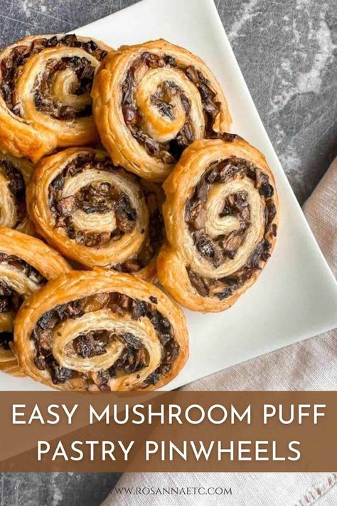 Freezable Appetizers, Mushroom Pinwheels, Easy Pinwheels, Mushroom Puff Pastry, Party Appetizers Christmas, Appetizers Puff Pastry, Party Food Ideas Christmas, How To Make Pinwheels, Pastry Pinwheels