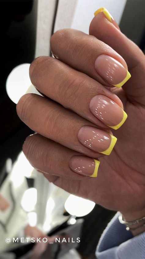 #5. Classic French Nails with Yellow Neon If you are in search of some new nail inspo for modern French manicure, we encountered neon... Cute Summer Nail Ideas, Summer French Nails, Yellow French, Summer Nail Ideas, Yellow Nail, Yellow Neon, French Tip Acrylic Nails, Short Acrylic Nails Designs, Nails Pink