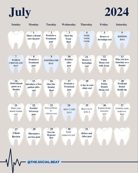 July is officially here! Summer has officially started and kids have no more school but don’t know what to post?? 😱😱😱 Have no fear your calendar is here.🤩🤩 Save this to know what to post for a whole Month!💃🕺💃🕺 Need more help? Don’t know how to create content or don’t have time to manage your socials? 🥲 I offer monthly content calendar plans… 🦷 DM me the word “CONTENT” and let’s chat. 💌💌 Don’t forget to share this with your dental bestie - - - - - #dentalsocialmediamanager #socialmedi... Dental Post Ideas, Dental Marketing Ideas Social Media, Monthly Content Calendar, Dental Instagram, Dental Content, Content Template, Dentist Marketing, Dental Social Media, Dentist Day