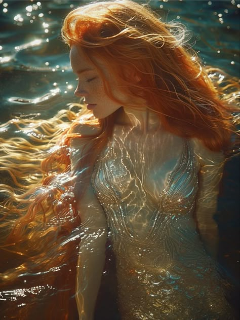 Redhead Mermaid Aesthetic, Ginger Mermaid, Ocean Fairy, Queen Of Fire, Golden Mermaid, Mermaid Lagoon, Mermaid Painting, Fairytale Photography, Mermaid Aesthetic